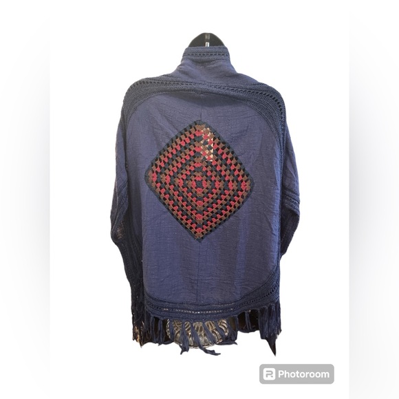 ODDY Boho Navy Fringe Linen Blend Kimono. One Size. NWT - Picture 9 of 10